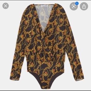 Zara black and gold chain deep v bodysuit NWT